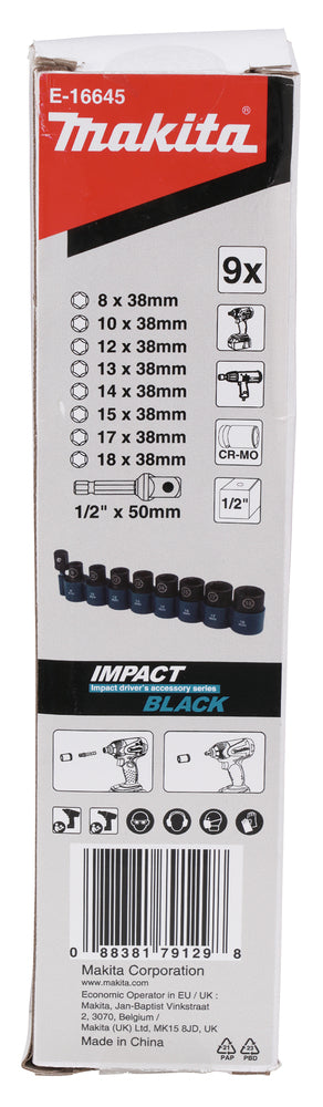E-16645 Schlagnuss-Set 9-tlg. 1/2" Impact Black